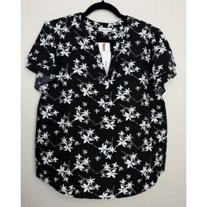 Calvin Klein Women's Black White Floral Print Short Sleeve Blouse Size Large